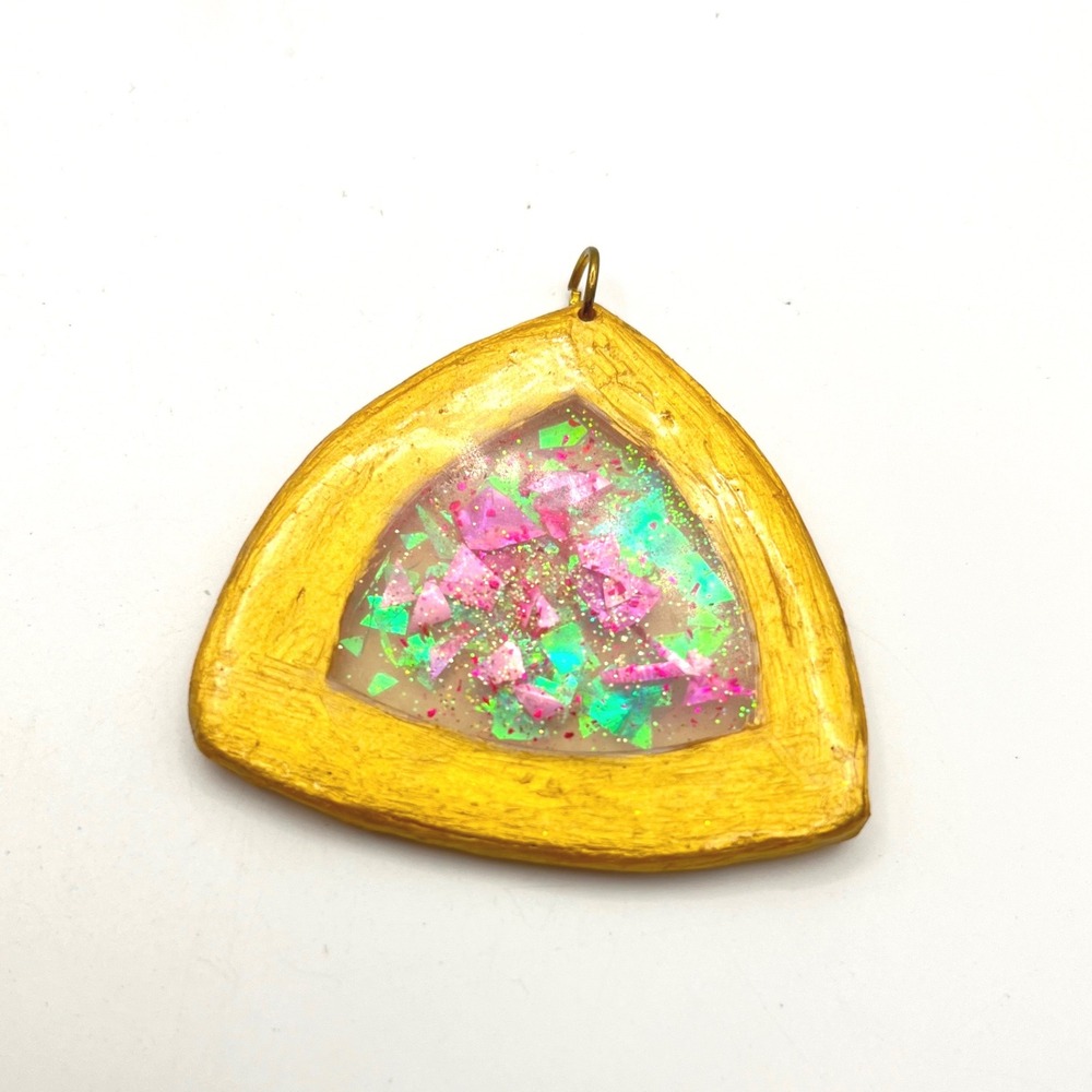Handmade Gold Triangle Resin Pendant Iridescent Pink Green Confetti Statement